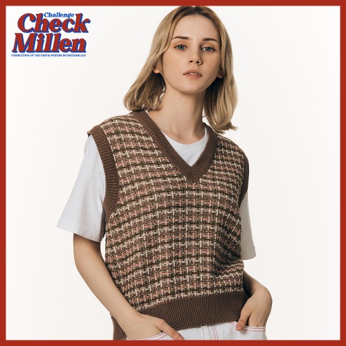[체크밀런] V-neck Tweed Knit Vest (Brown)